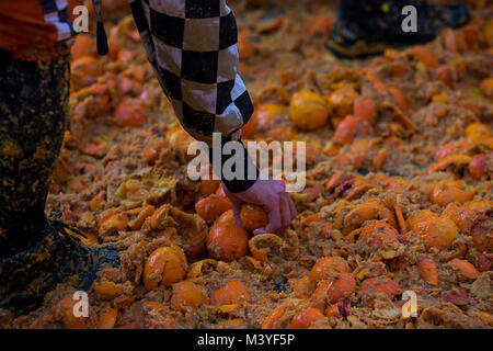 Ivrea, Italie. 12 Février, 2018. Un membre de l'équipe recueille des oranges au cours d'un carnaval historique annuel 'Bataille des Oranges' dans ville du nord de l'Italie d'Ivrea (Italie), le 12 février 2018. Credit : Jin Yu/Xinhua/Alamy Live News Banque D'Images