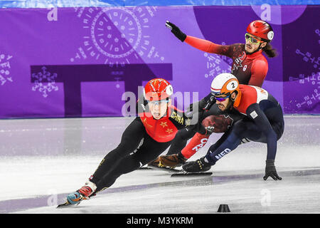 13 février 2018 : la Chine, le Kazakhstan, Pays Bas et le Canada à la compétition de Relais 5000m Hommes Patinage de vitesse à Gangneung Ice Arena. Pyeongchang, Corée du Sud. Ulrik Pedersen/CSM Banque D'Images