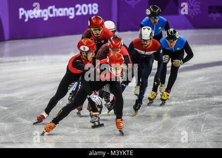 13 février 2018 : la Chine, le Kazakhstan, Pays Bas et le Canada à la compétition de Relais 5000m Hommes Patinage de vitesse à Gangneung Ice Arena. Pyeongchang, Corée du Sud. Ulrik Pedersen/CSM Banque D'Images