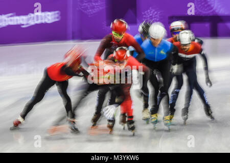 13 février 2018 : la Chine, le Kazakhstan, Pays Bas et le Canada à la compétition de Relais 5000m Hommes Patinage de vitesse à Gangneung Ice Arena. Pyeongchang, Corée du Sud. Ulrik Pedersen/CSM Banque D'Images