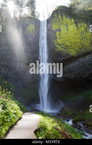 Une voie pavée menant à une vue spectaculaire de Latourell Falls Cascade sur un rocher avec des mousses et d'ensoleillement dynamique qui est situé à al Banque D'Images