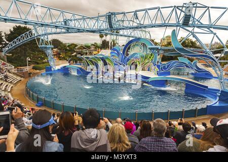 Les visiteurs qui regardent les journées des dauphins en plein air attractions touristiques de Voyage spectacle dans le parc à thème SeaWorld de Californie de San Diego Banque D'Images