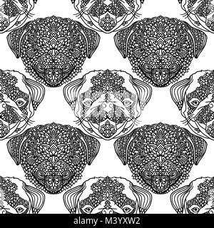 Modèle transparent avec les chiens. Chiot Pug en fond style mandala. Vector illustration noir et blanc. Illustration de Vecteur