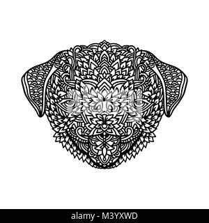 Le pug noir et blanc avec des décorations florales pour des profils à colorier. Zentagle pattern. Doodle vecteur illustration. Portrait of a cute puppy. Illustration de Vecteur