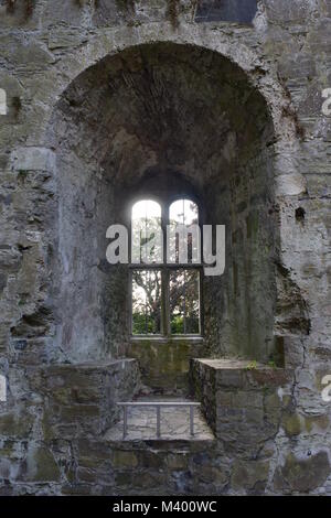 Fenêtre avec siège mural dans un épais mur de pierre ruine caste à Maynooth en Irlande. Banque D'Images