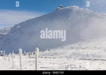 Les crêtes d'hiver des montagnes de Krkonose, dans le contexte de la montagne Snezka, la plus haute montagne de la République tchèque. Arbres couverts de givre Banque D'Images