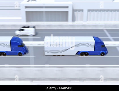 Vue latérale d'une flotte de camions bleu métallique roulant sur l'autoroute. Le rendu 3D image. Banque D'Images