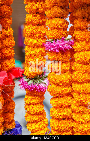 Mala, des guirlandes de fleurs fait traditionnelle népalaise avec Tagetes (Marigold) vendus dans les marchés des cultes et rituels quotidiens, au Népal. Vertical image. Banque D'Images