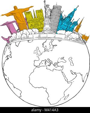 Voyage World Landmarks sur Globe. Croquis du tourisme concept avec Earth Globe dessiné. Vector illustration de voyage. Dessin moderne dessiné à la main. Illustration de Vecteur