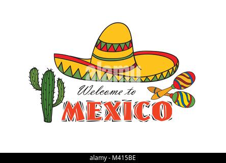 L'icône mexicaine. Bienvenue au Mexique signe. Billet d'inscription avec cactus et sombrero hat Illustration de Vecteur