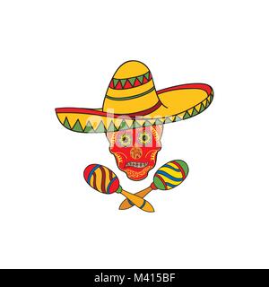 L'icône mexicaine. Bienvenue au Mexique signe. Billet d'inscription avec crâne, instrument de musique et chapeau sombrero Illustration de Vecteur