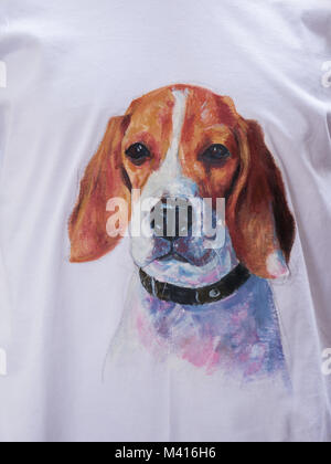 Peinture acrylique de beagle portrait sur tissu blanc Banque D'Images