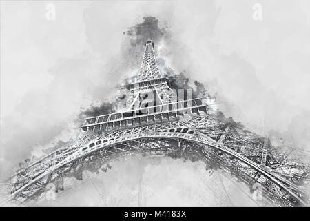 Peinture de la Tour Eiffel, un des monuments les plus visités de Paris, France. Illustration sur fond gris. Banque D'Images