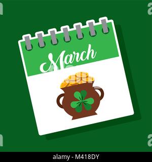 Calendrier Mars plein chaudron symbole St Patricks trésor pièces Illustration de Vecteur