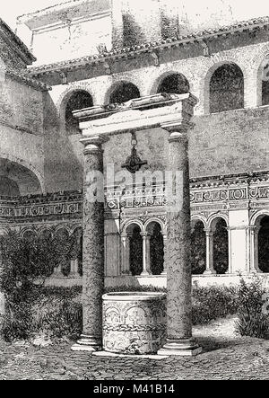 La Cour du cloître, fontaine, Basilique Saint-Jean de Latran, Rome, Italie, 19e siècle Banque D'Images