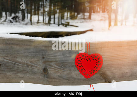 Coeurs rouges sur la branche de l'arbre enneigé en hiver. Vacances happy valentines day celebration heart love concept. Banque D'Images