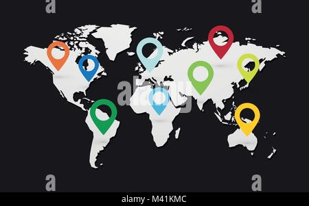 Jeu de carte en couleur des pointeurs avec carte du monde sur fond noir Illustration de Vecteur