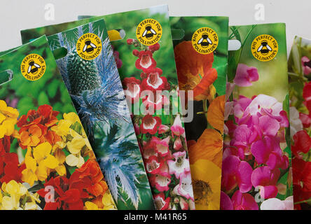 Paquets de graines colorées afficher RHS parfait pour les pollinisateurs logo abeille UK Banque D'Images