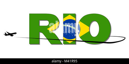 Drapeau de Rio avec texte et illustration silhouette avion swoosh Banque D'Images