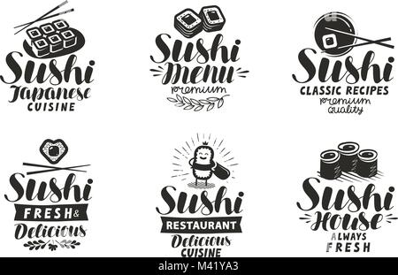 Rouleaux de sushi et un logo ou label. La nourriture japonaise ensemble de symboles. La conception typographique vector illustration Illustration de Vecteur