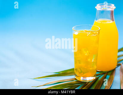 Tropical paradise concept : une bouteille de jus d'orange vif et coloré avec un verre de jus plein de glaçons sur fond bleu turquoise avec un Palm Banque D'Images