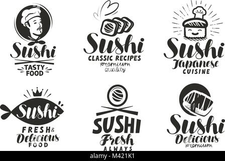 Rouleaux de sushi et un logo ou label. La nourriture japonaise menu. Vector illustration lettrage Illustration de Vecteur