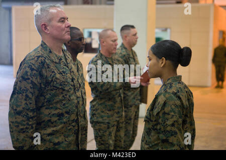 Le brig. Le général Daniel B. Conley, gauche, général commandant, 3e Groupe Logistique Maritime, présente le Cpl. Nelfi Tineoferreiras, le sous-officier responsable de section de dépôt, d'approvisionnement, logistique de combat, 3e Régiment 35 MLG, avec le III Marine Expeditionary Force's Marine de l'année au Camp Kinser, Okinawa, Japon, le 8 février 2018. Tineoferreiras a été honoré à titre III MEF's Marine de l'année d'être exemplaire dans ses fonctions, sur lequel se trouvait sa compétence technique et de démonstration de la Marine Corps' les valeurs fondamentales. Tineoferreiras est originaire de la République dominicaine a été recruté et je Banque D'Images