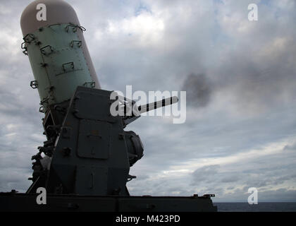 MAYPORT, Floride (fév. 8, 2018) Le système de fermeture (CIWS) forêt de la plage arrière du navire d'assaut amphibie USS Iwo Jima (DG 7). L'Iwo Jima Groupe amphibie (ARG) est déployée à l'appui d'opérations de sécurité maritime et les efforts de coopération en matière de sécurité dans le théâtre en Europe et au Moyen-Orient. L'Iwo Jima ARG embarque la 26e unité expéditionnaire de Marines Iwo Jima et comprend, le transport amphibie Navire dock USS New York (LPD 21), le dock landing ship USS Oak Hill (LSD 51), l'équipe chirurgicale de la flotte d'hélicoptères de combat, 8 Mer 28 Escadron, l'Escadron de contrôle aérien tactique, 22 compone Banque D'Images