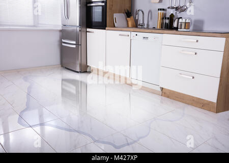 Photo en gros plan de plancher inondé dans la cuisine de fuite d eau Banque D'Images