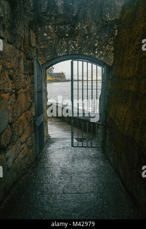 Porte avec berjas et mur à l'ancienne mousse sur le mur du château de baiona Banque D'Images