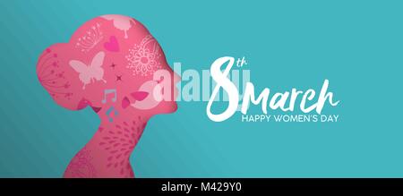 La Journée de la femme heureuse maison de l'illustration. Découpe du papier face fille rose avec des fleurs de printemps et gribouillages. Format idéal pour la conception horizontale bannière web ou Illustration de Vecteur