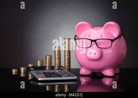 Close-up of Pink Piggy Bank, calculatrice et pièces empilées sur fond gris Banque D'Images