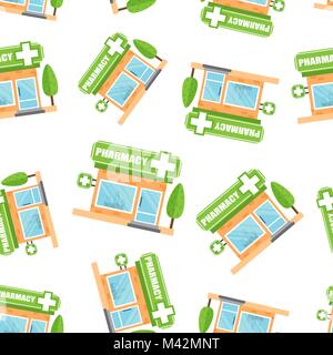 Boutique pharmacie en motif de fond transparent. Business flat vector illustration. Symbole de la pharmacie magasin tendance. Illustration de Vecteur