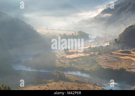 Punakha, Bhoutan. Soleil du matin illumine brume du matin dans la vallée de la rivière Mo. Banque D'Images