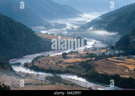 Punakha, Bhoutan. Matin brouillard dans la vallée de la rivière Mo. Banque D'Images