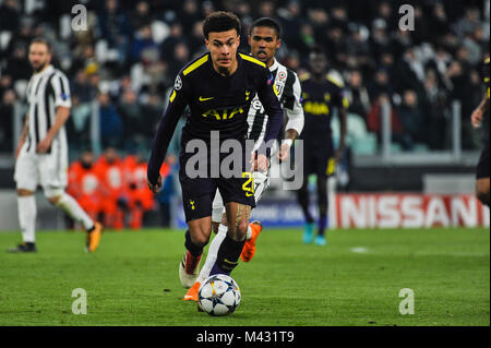 Turin, Italie. 13 Février, 2018. Alli Dele (Tottenham Hotspur) lors de la Ligue des Champions, match de football entre la Juventus et Tottenham Hotspur à Allianz Stadium le 13 février 2018 à Turin, Italie. Crédit : FABIO ANNEMASSE/Alamy Live News Banque D'Images