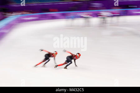 Gangneung, Corée du Sud. 14Th Nov, 2017. Équipe Canada se réchauffe au cours de la Men's Patinage de vitesse courte piste 5000 m de chaleur au Jeux Olympiques d'hiver de PyeongChang 2018 à Gangneung Ice Arena le mardi 13 février 2018. Crédit : Paul Kitagaki Jr./ZUMA/Alamy Fil Live News Banque D'Images