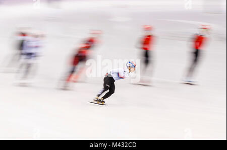 Gangneung, Corée du Sud. 14Th Nov, 2017. La Corée l'équipe se réchauffe au cours de la Men's Patinage de vitesse courte piste 5000 m de chaleur au Jeux Olympiques d'hiver de PyeongChang 2018 à Gangneung Ice Arena le mardi 13 février 2018. Crédit : Paul Kitagaki Jr./ZUMA/Alamy Fil Live News Banque D'Images