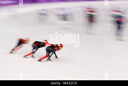 Gangneung, Corée du Sud. 14Th Nov, 2017. Équipe Canada se réchauffe au cours de la Men's Patinage de vitesse courte piste 5000 m de chaleur au Jeux Olympiques d'hiver de PyeongChang 2018 à Gangneung Ice Arena le mardi 13 février 2018. Crédit : Paul Kitagaki Jr./ZUMA/Alamy Fil Live News Banque D'Images