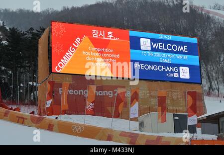 Pyeongchang, Corée du Sud. 14 Février, 2018. Le slalom femmes est annulé.. Womens Slalom. Le ski alpin. Centre alpin de Yongpyong. Jeux Olympiques d'hiver de Pyeongchang 2018. Alpensia. République de Corée. 14/02/2018. Credit : Sport en images/Alamy Live News Banque D'Images