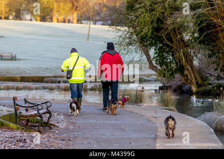 Northampton, Royaume-Uni 14 février 2018. Météo. Une lumineuse froide pour commencer la journée avec une forte gelée, Dog Walkers enveloppé contre le froid l'exercice de leurs animaux à Abington Park, la prévision est pour la pluie plus tard dans la journée. Credit : Keith J Smith./Alamy Live News Banque D'Images