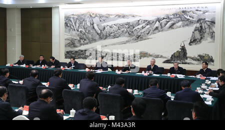 (180214) -- Chengdu, 14 février 2018 (Xinhua) -- le président chinois Xi Jinping (C, arrière), également secrétaire général du parti communiste de Chine et président du Comité central de la Commission militaire centrale, s'adresse à un colloque sur la pauvreté dans le sud-ouest de Chengdu, capitale de la province chinoise du Sichuan, le 12 février 2018. (Xinhua/Xie Huanchi) (mp) Banque D'Images