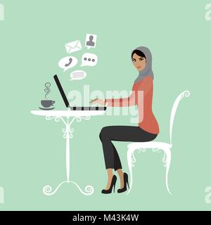 Employé de bureau musulmane ou arabe femme d'affaires. Working On laptop Illustration de Vecteur