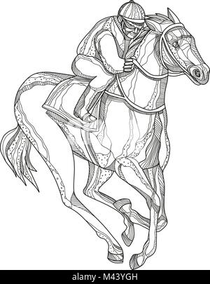 Doodle art illustration d'un jockey ou courses de chevaux d'équitation vu de côté sur fond isolé fait dans le style de mandala. Illustration de Vecteur