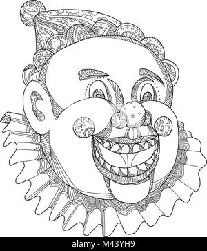 Doodle art illustration d'une tête de clown de cirque en riant et souriant sur fond isolé. Illustration de Vecteur