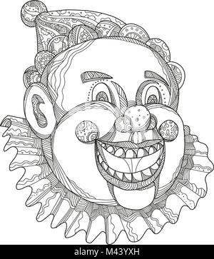 Doodle art illustration d'une tête de clown de cirque en riant et souriant sur fond isolé. Illustration de Vecteur