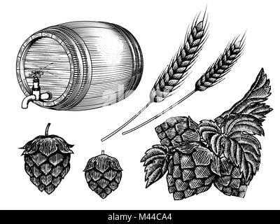 Ingrédients de la bière, jeu de canon, les épis de blé et de houblon de gravure style ombrage sur fond blanc Illustration de Vecteur