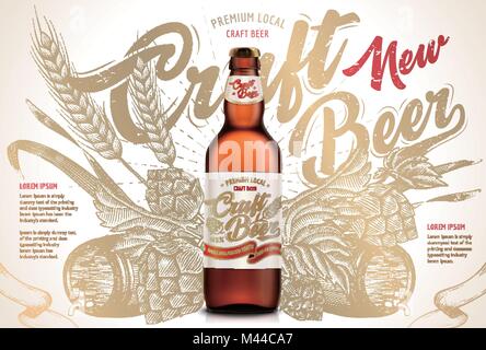 Craft Beer ads, une bière en bouteille en 3d illustration isolé sur fond rétro avec des blés, le houblon et le baril de gravure style ombrage Illustration de Vecteur