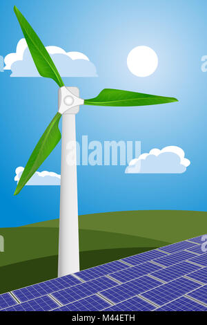 Vector illustration of wind turbine avec des feuilles vertes et des panneaux solaires pour la production d'énergie propre et respectueuse de l'environnement Banque D'Images