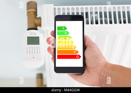 Libre de la main de l'homme à l'aide d'étiquette énergie sur téléphone mobile contre le radiateur à la maison Banque D'Images